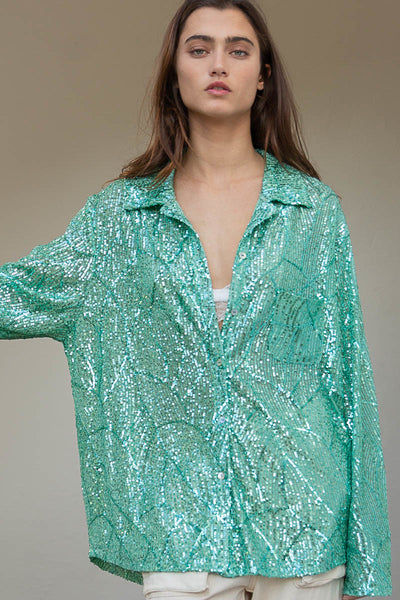 Life's a Party Sequin Button-Up Shirt in Mint Leaf