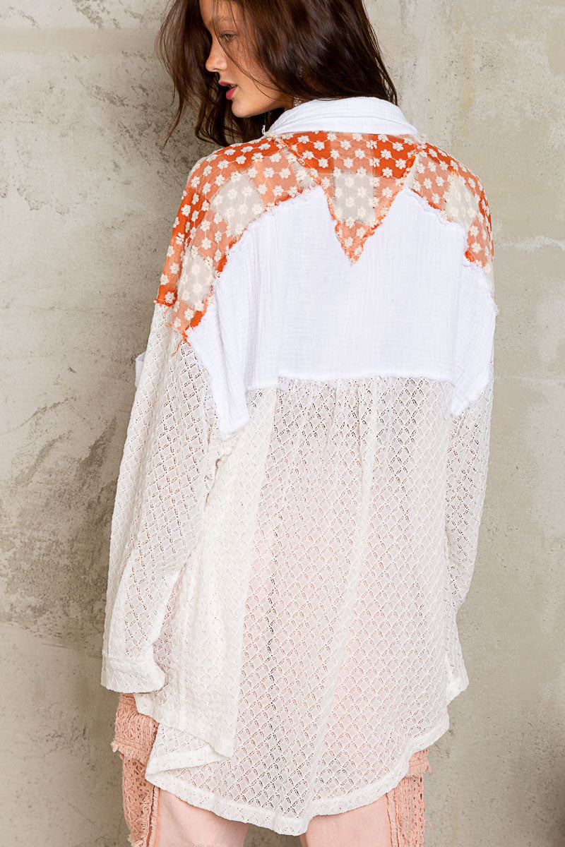 We Found Love Button Up Lace Shacket in Ivory Multi