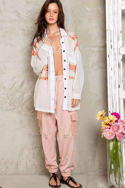 We Found Love Button Up Lace Shacket in Ivory Multi
