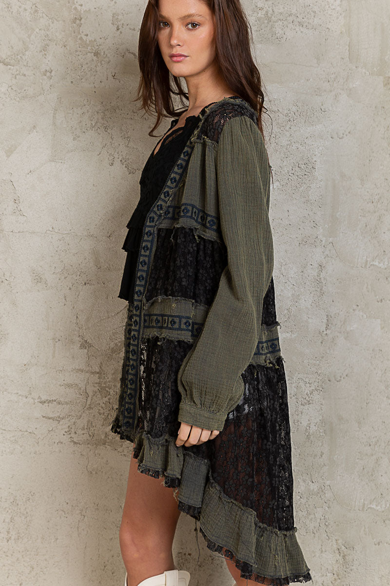 We Go Together Contrast Lace Cardigan in Charcoal