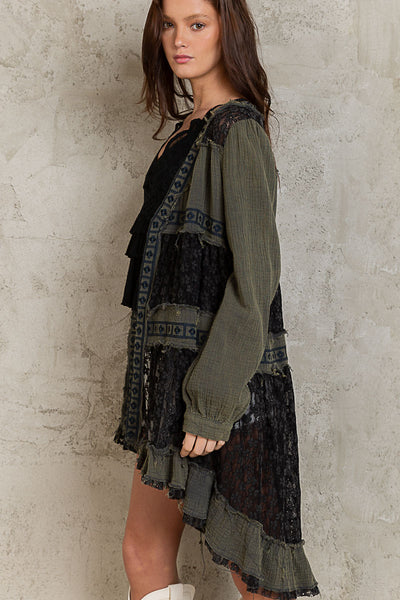 We Go Together Contrast Lace Cardigan in Charcoal
