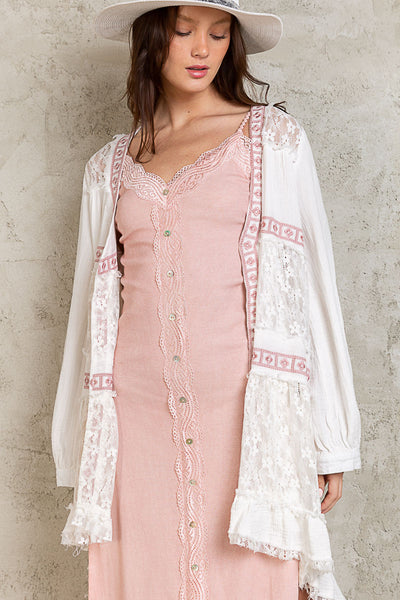 We Go Together Contrast Lace Cardigan in Off-White