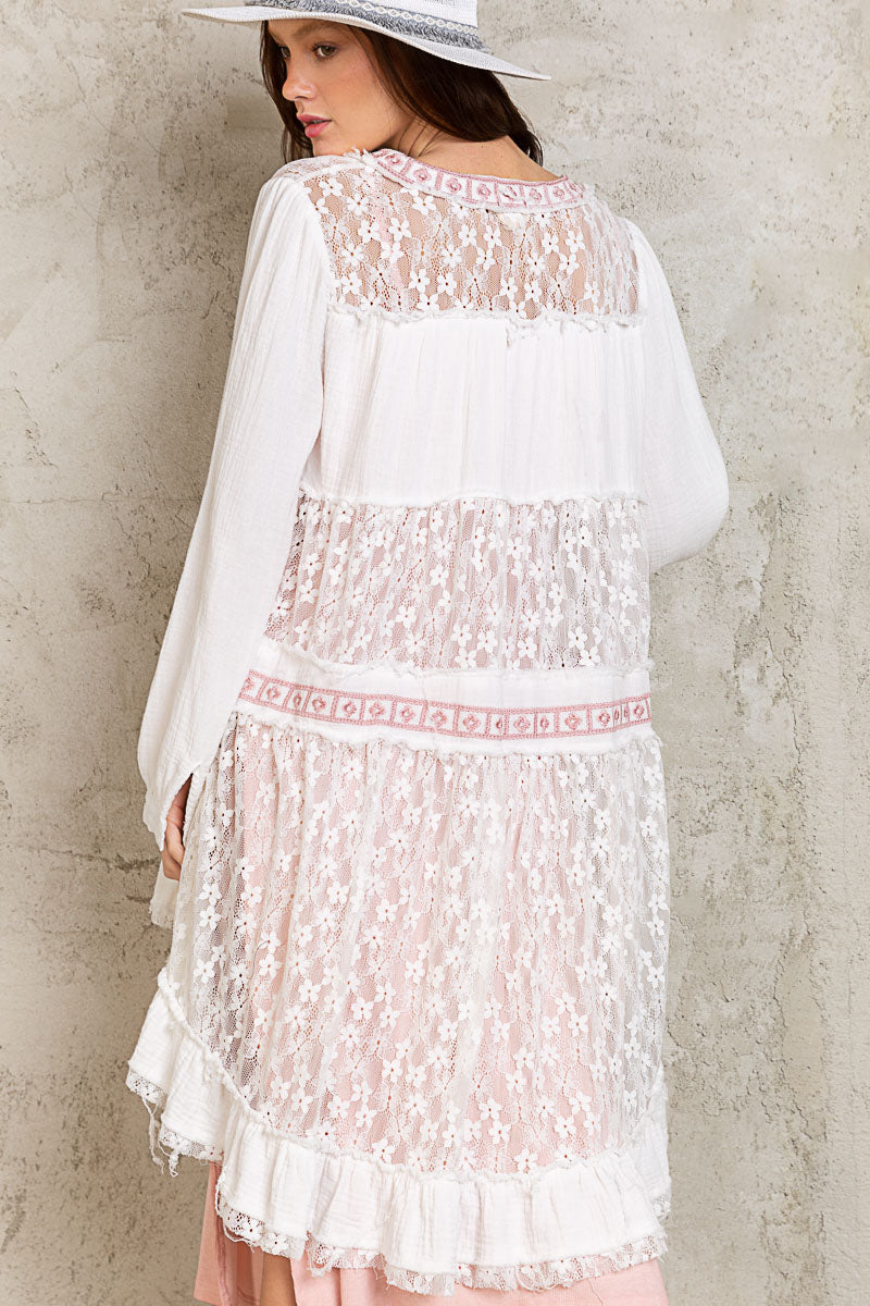 We Go Together Contrast Lace Cardigan in Off-White