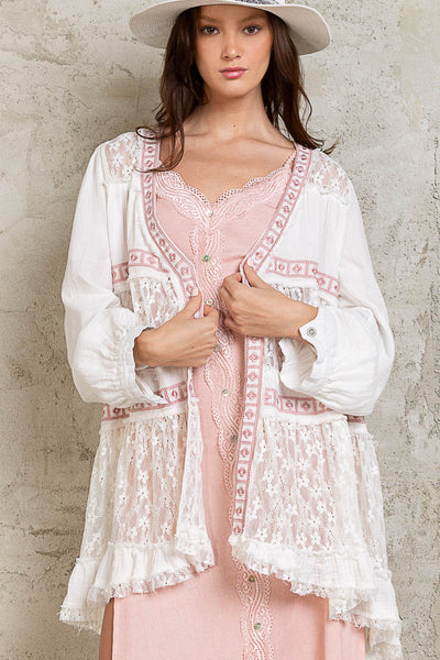 We Go Together Contrast Lace Cardigan in Off-White