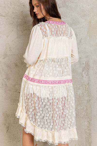 We Go Together Contrast Lace Cardigan in Pink Natural