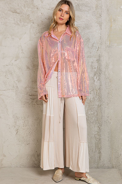 Life's a Party Sequin Button-Up Shirt in Peach Blush