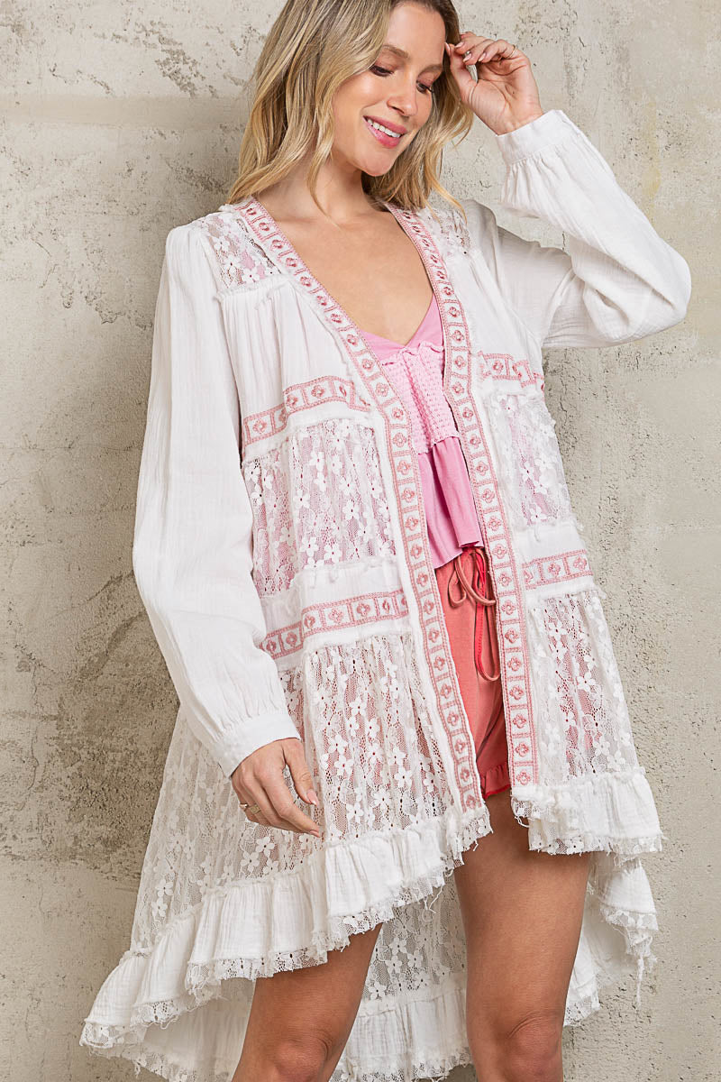 We Go Together Contrast Lace Cardigan in Off-White