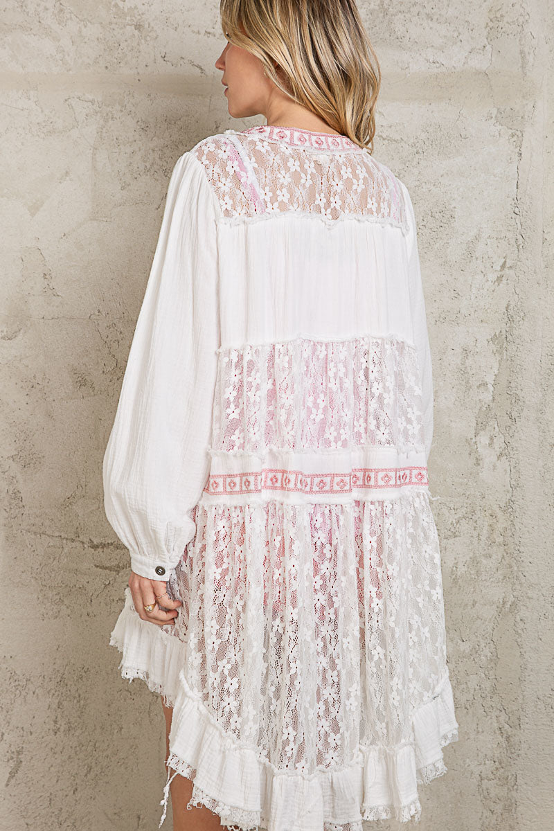 We Go Together Contrast Lace Cardigan in Off-White