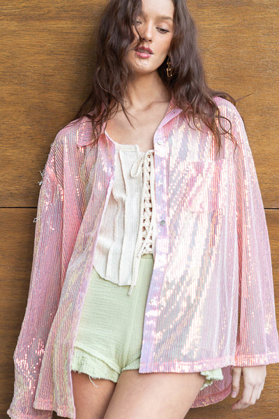 Life's a Party Sequin Button-Up Shirt in Peach Blush