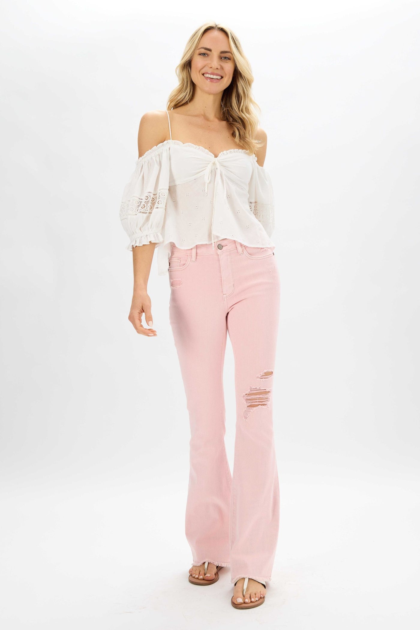 Judy Blue Candy Clouds Pink Distressed Denim Flares