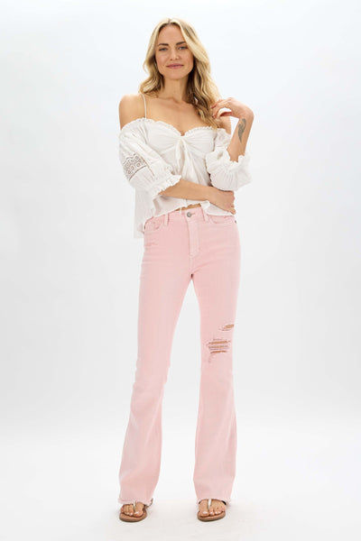 Judy Blue Candy Clouds Pink Distressed Denim Flares