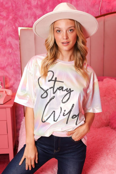 Stay Wild Iridescent Graphic Tee in Pearl White