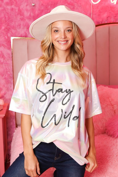 Stay Wild Iridescent Graphic Tee in Pearl White