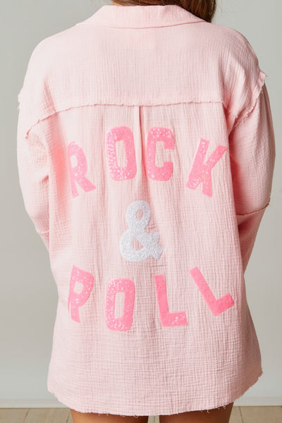 Rock & Roll Sequin Patch Oversized Shirt in Pink