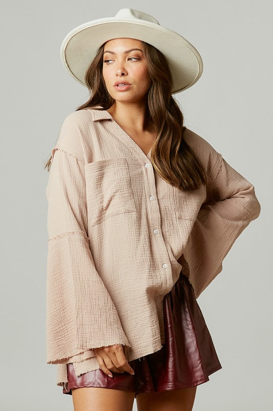 Rock & Roll Sequin Patch Oversized Shirt in Taupe
