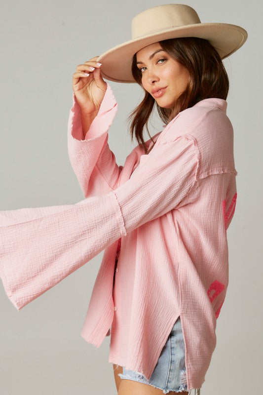 Rock & Roll Sequin Patch Oversized Shirt in Pink