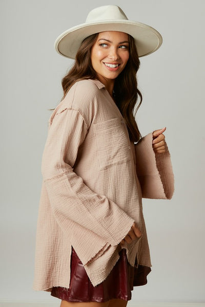 Rock & Roll Sequin Patch Oversized Shirt in Taupe