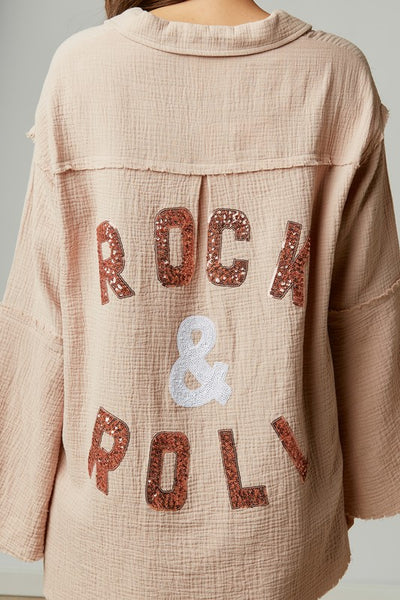 Rock & Roll Sequin Patch Oversized Shirt in Taupe