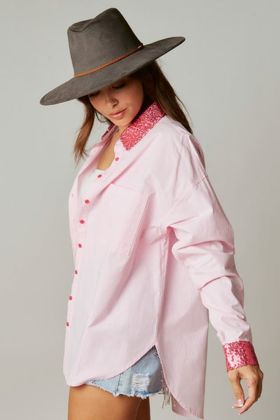 Made My Day Smile Sequin Outline Patch Shirt in Pink