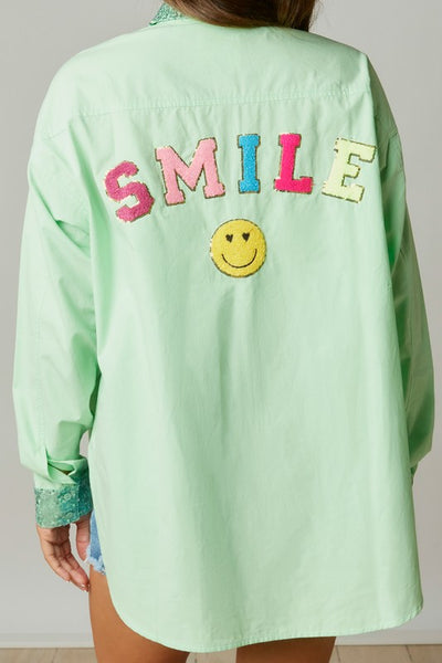 Made My Day Smile Sequin Outline Patch Shirt in Apple Green