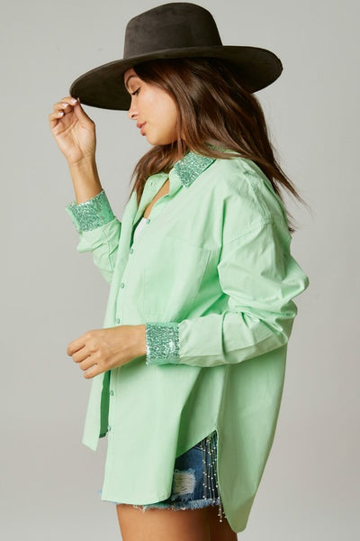 Made My Day Smile Sequin Outline Patch Shirt in Apple Green