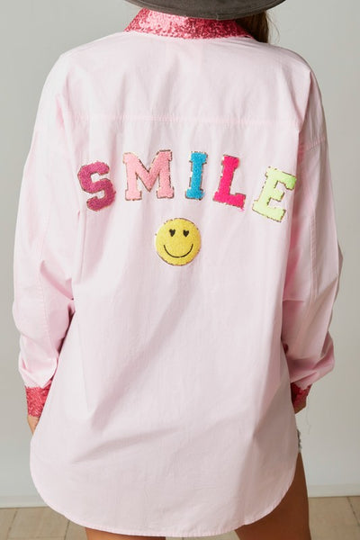 Made My Day Smile Sequin Outline Patch Shirt in Pink
