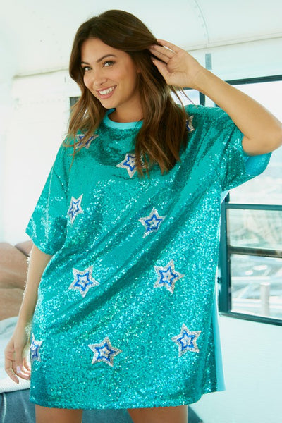 Celestial Star Print Sequin Mini Dress in Turquoise