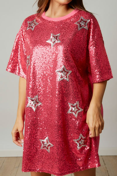 Celestial Star Print Sequin Mini Dress in Fuchsia