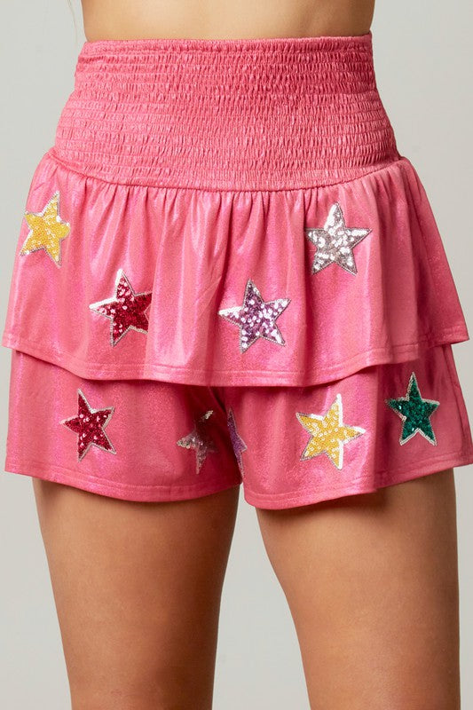 All the Stars are Closer Layered Sequin Star Shorts in Fuchsia