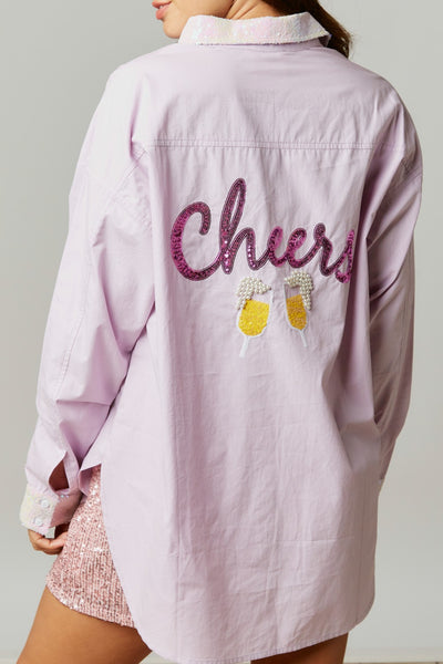 Mimosa Brunch Sequin Patch Poplin Oversize Shirt in Lavender