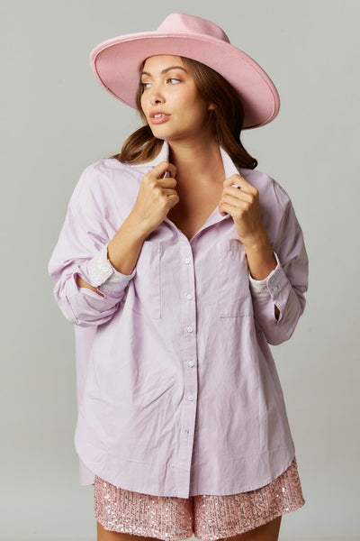 Mimosa Brunch Sequin Patch Poplin Oversize Shirt in Lavender