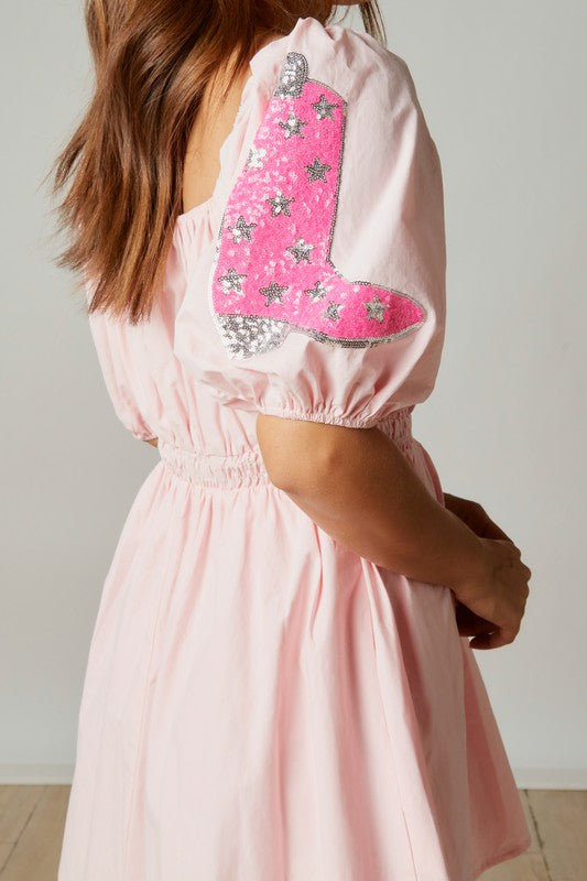 Western Boots & Hat Sequin Patch Skater Mini Dress Baby Pink
