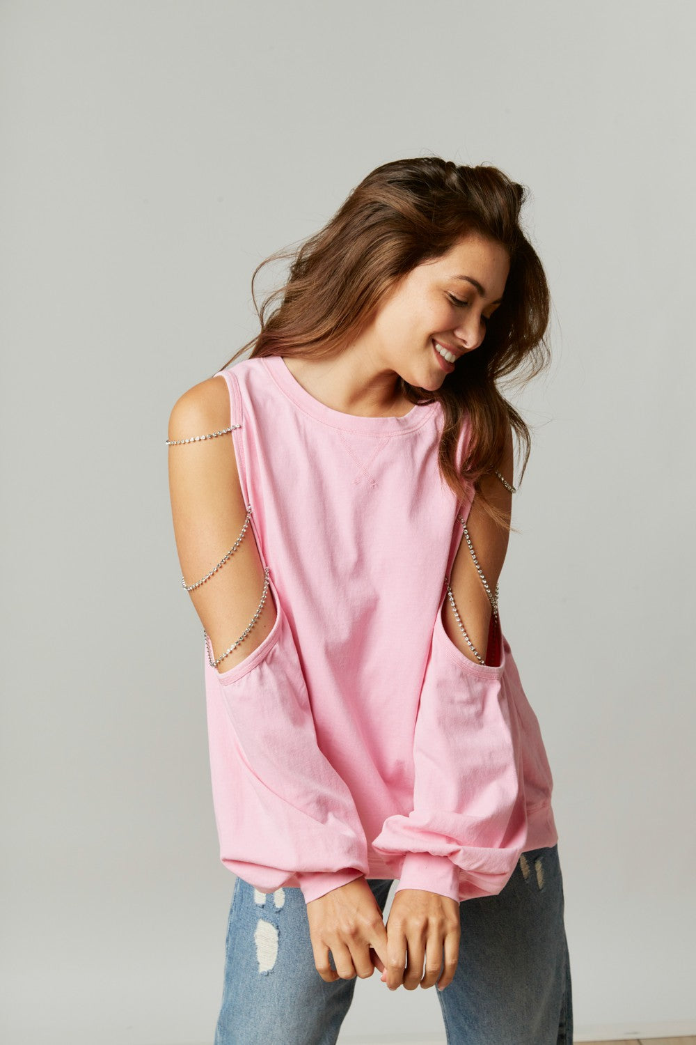 Made the Cut Jewel Chain Cold Shoulder Sweatshirt in Pink