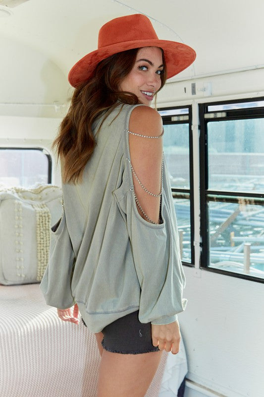 Made the Cut Jewel Chain Cold Shoulder Sweatshirt in Grey