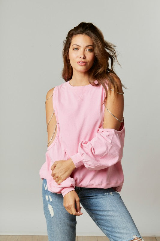 Made the Cut Jewel Chain Cold Shoulder Sweatshirt in Pink