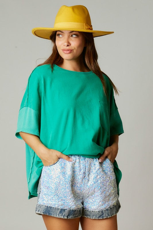 Sequin Color Block Paper Bag Denim Shorts in Denim
