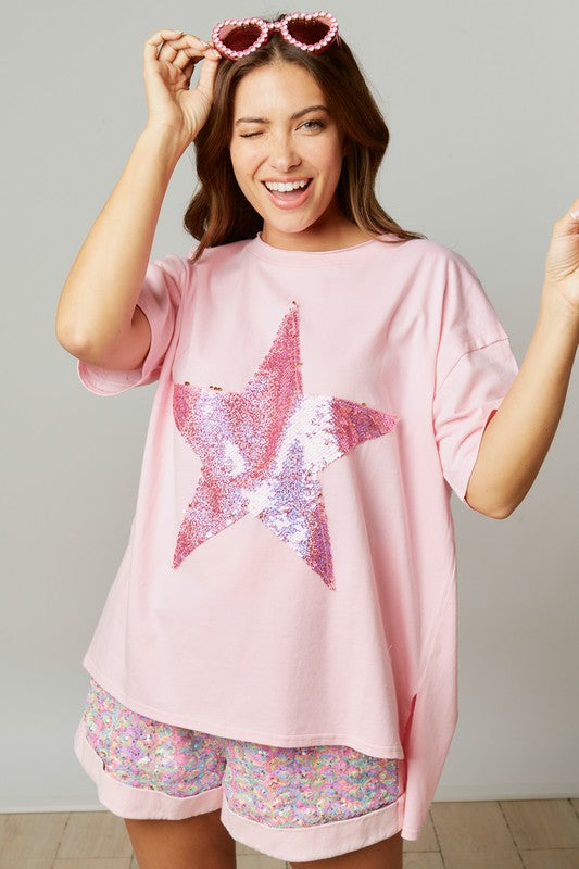 Harper Sequin Star Patch Tee in Pink