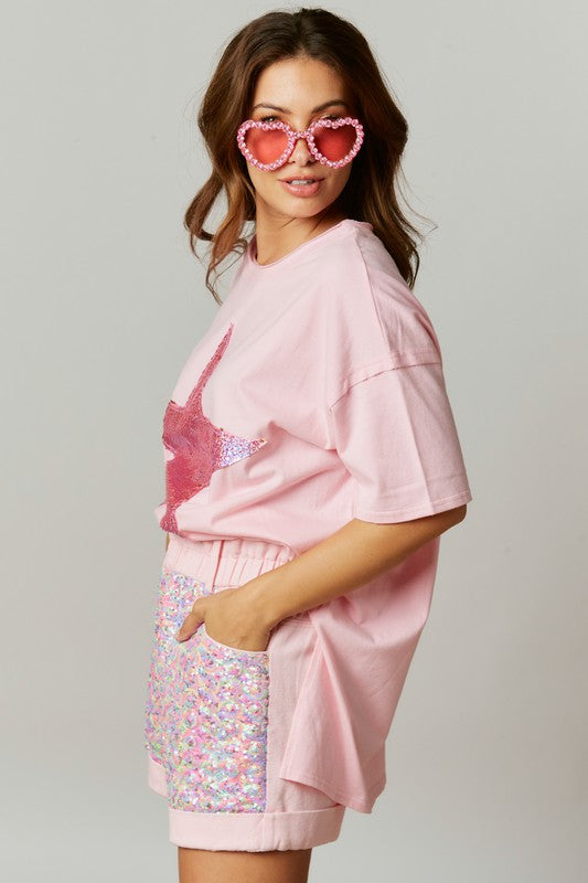 Harper Sequin Star Patch Tee in Pink