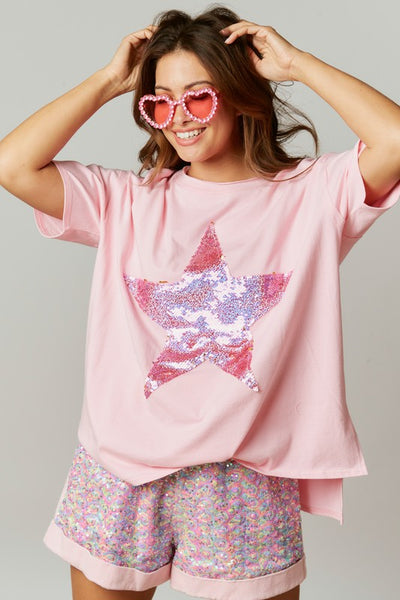 Harper Sequin Star Patch Tee in Pink