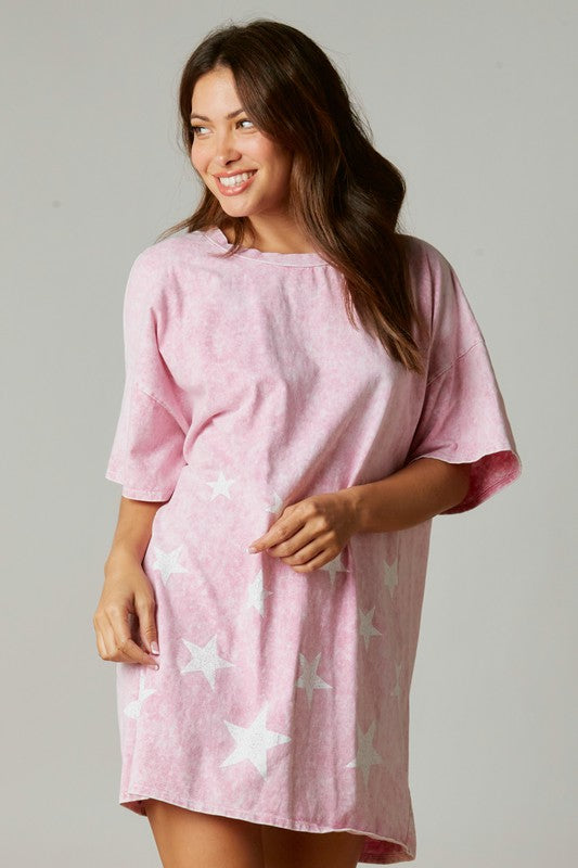 Lucky Stars Mineral Wash Star Print Dress in Pink