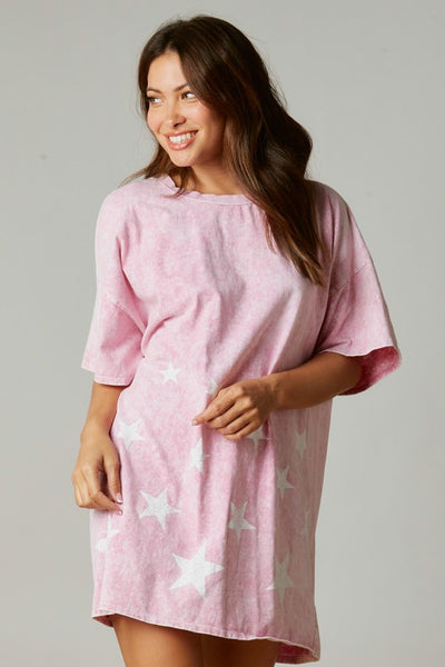 Lucky Stars Mineral Wash Star Print Dress in Pink