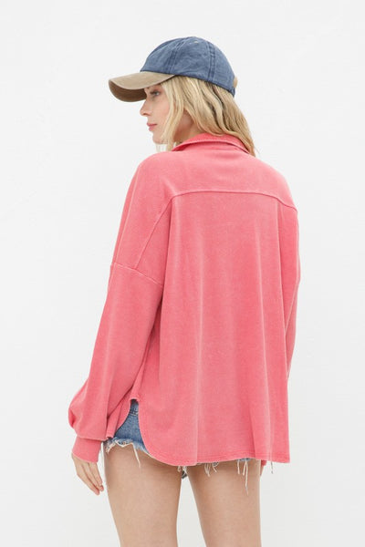 Not Your Boyfriend's Textured Knit Shirt Jacket in Coral