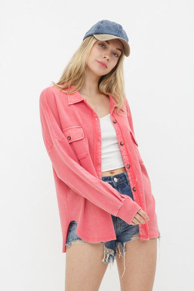 Not Your Boyfriend's Textured Knit Shirt Jacket in Coral