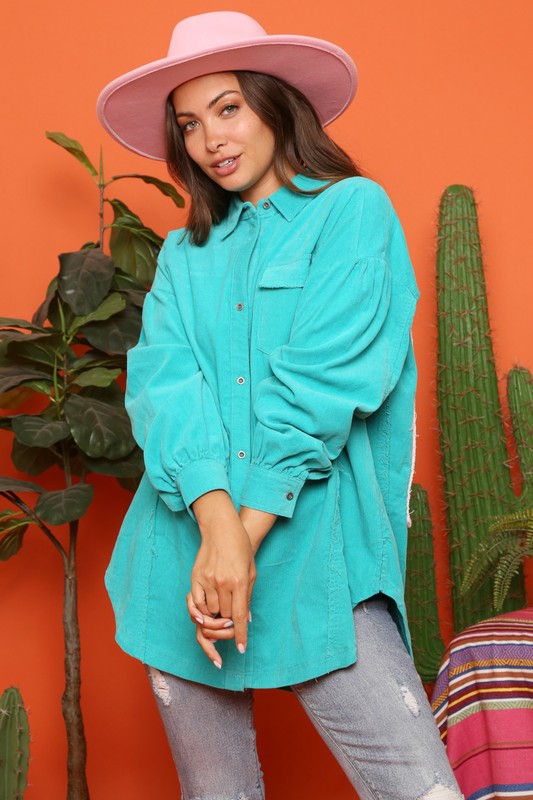 Smiley Face Patch Corduroy Shacket in Jade