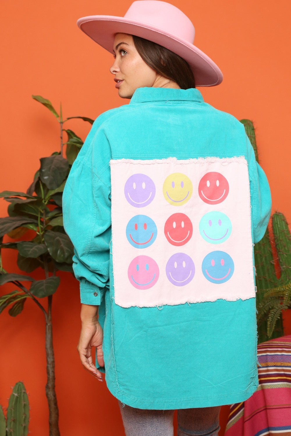 Smiley Face Patch Corduroy Shacket in Jade