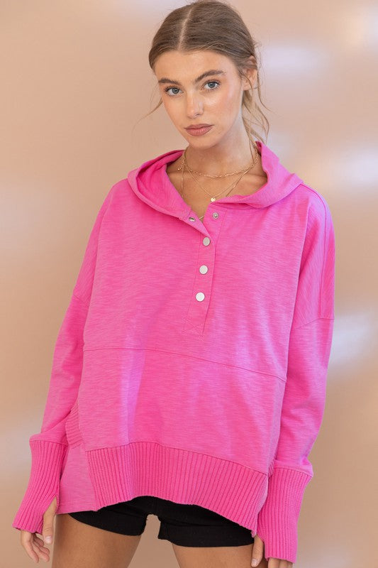 Weekender Oversized Snap Up Hooded Pullover in Hot Pink