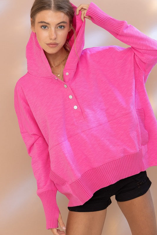 Weekender Oversized Snap Up Hooded Pullover in Hot Pink