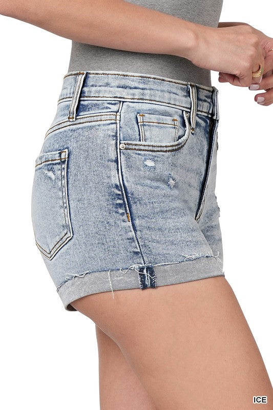 Cuffed Raw Hem Denim Shorts in Ice