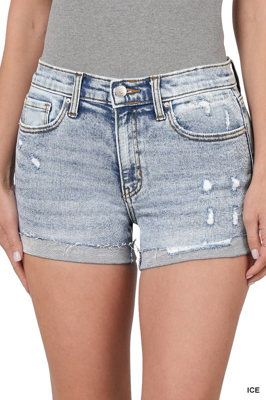 Cuffed Raw Hem Denim Shorts in Ice