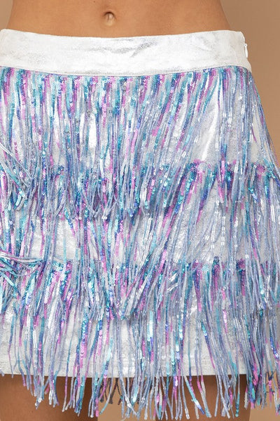 Unicorn Party Multi Sequin Tiered Mini Skirt in Purple Blue
